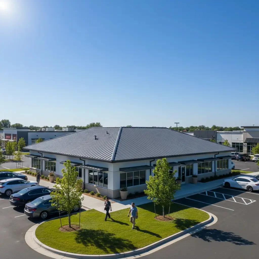 centre commercial avec toiture en tôle accolé a un parking avec des voitures et passant qui marchent autour